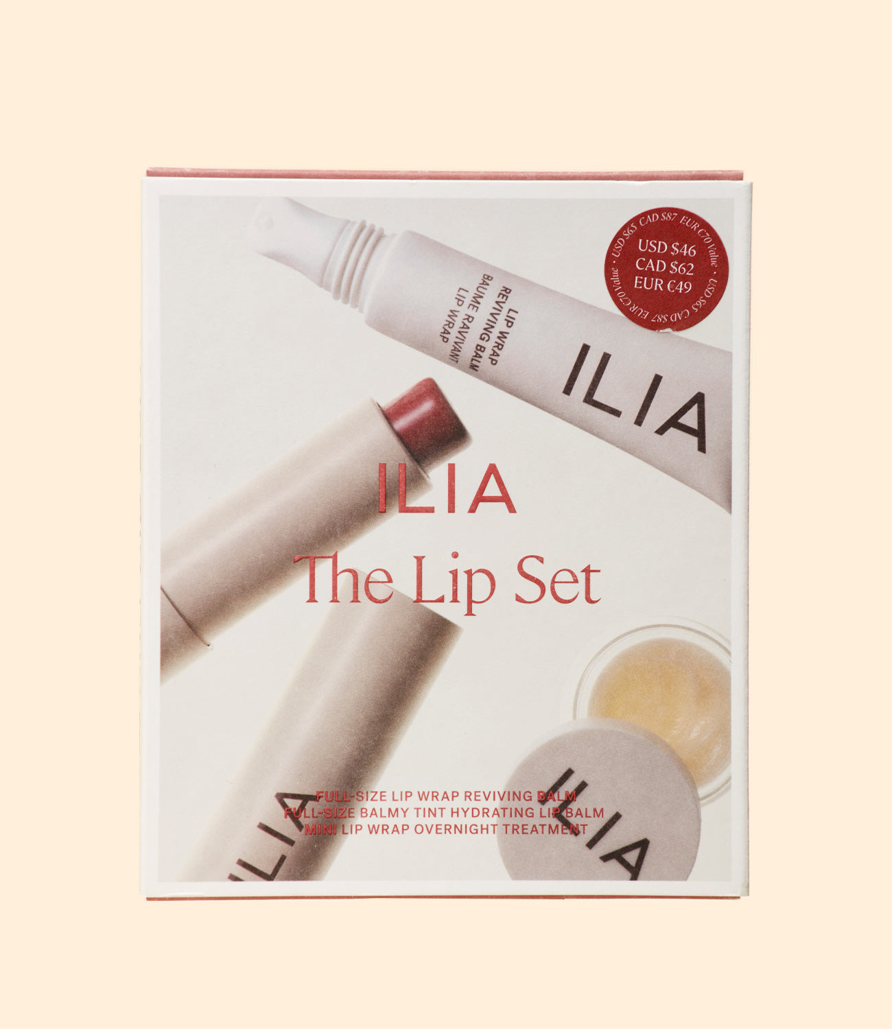 coffret Lip Set par Ilia Beauty avec lip wrap reviving balm, balmy tint hydrating lip balm, lip wrap overnight treatment