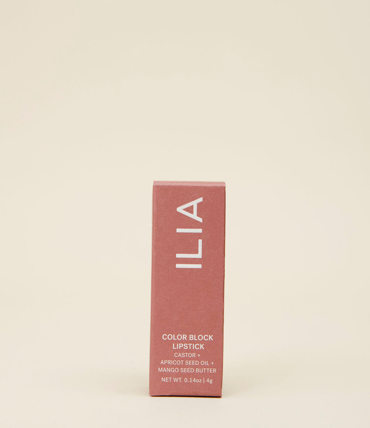 Rouge à lèvres color block Ilia en tube. Packaging carton.
